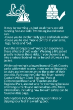 Icon of drowning with warning symbol, and icon of life jacket with checkmark. Text about cold water shock increasing risk of drowning, reminding swimmers to wear life jackets.