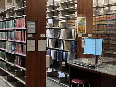interior of Clark County Law Library, computer, bookshelves