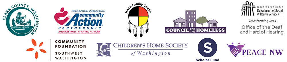 Logos for Clark County, Community Action, NAYA Family Center, Council for the Homeless, Washington State DSHS/Office of Deaf and Hard of Hearing, Community Foundation Southwest Washington, Children's Home Society, Scholar Fund, and Peace NW