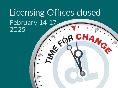 Graphic illustration of a clock with lowercase dh letters in the background. Text: Licensing Offices closed February 14-17, 2025.