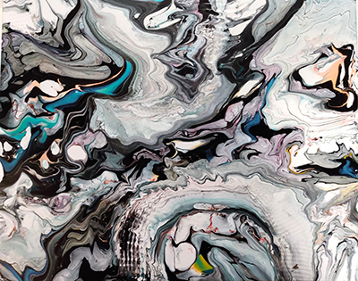 Abstract painting using liquid acrylic and ink on paper. Colors used: Grays, blues and pinks