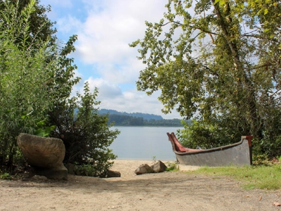 Sandy Cottonwood Beach approaching the shoreline of Vancouver Lake. Historic, hand carved canoes flank each side of the path as you approach the shoreline.