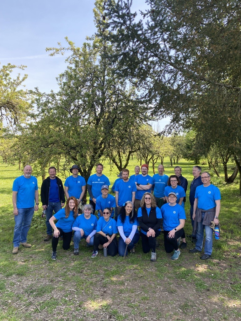 20 volunteers in blue HP shirts in front of a pear orchard