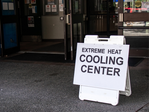 Cooling center sign in front of library