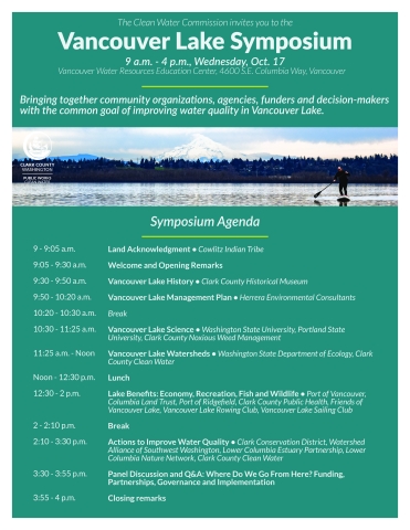 Agenda on teal background with photo of paddleboarder on lake with Mt. Hood in the background. Text of the agenda can be found on the Clean Water Commission webpage.