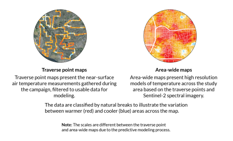 graphic explaining traverse and heat-area maps using data from the Heat Watch project