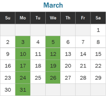 Calendar for March 2025 showing the days when the Harm Reduction Center is open.