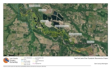 Map of the East Fork Lewis River with areas demarcated with dashed lines showing the area of the East Fork Lewis River Reconnection Project and the sub-areas/phases of the project.