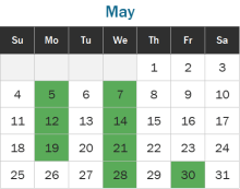 Calendar for March 2025 showing the days when the Harm Reduction Center is open.
