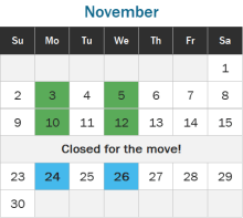 Calendar for March 2025 showing the days when the Harm Reduction Center is open.