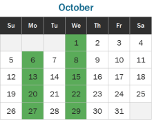 Calendar for March 2025 showing the days when the Harm Reduction Center is open.