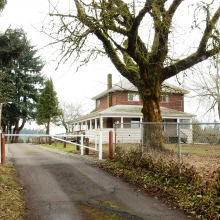 A brown and white farmhouse can be seen behind a leafless oak tree and situated on a gravel drive with a white gate and chain-link fence. 
