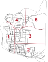 Map of Clark County showing the boundaries of the five weed board districts. District 1 includes west and southwest county, District 2 includes south county, District 3 includes central east county, District 4 includes north/northwest county, and District 5 includes far northeast county.