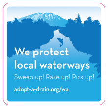 Blue sign with Mt. St. Helens and creek in the middle leading to it with a salmon. Sign reads: We protect local waterways. Sweep up! Rake up! Pick up! wa.adopt-a-drain.org
